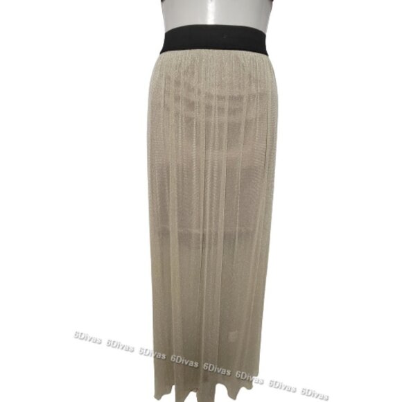 SHIMMERING elastic waist flare pleated long beige sheer skirt size L - Picture 2 of 11